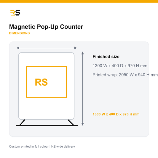 Magnetic pop-up counter dimensions 1300 x 400 x 970mm