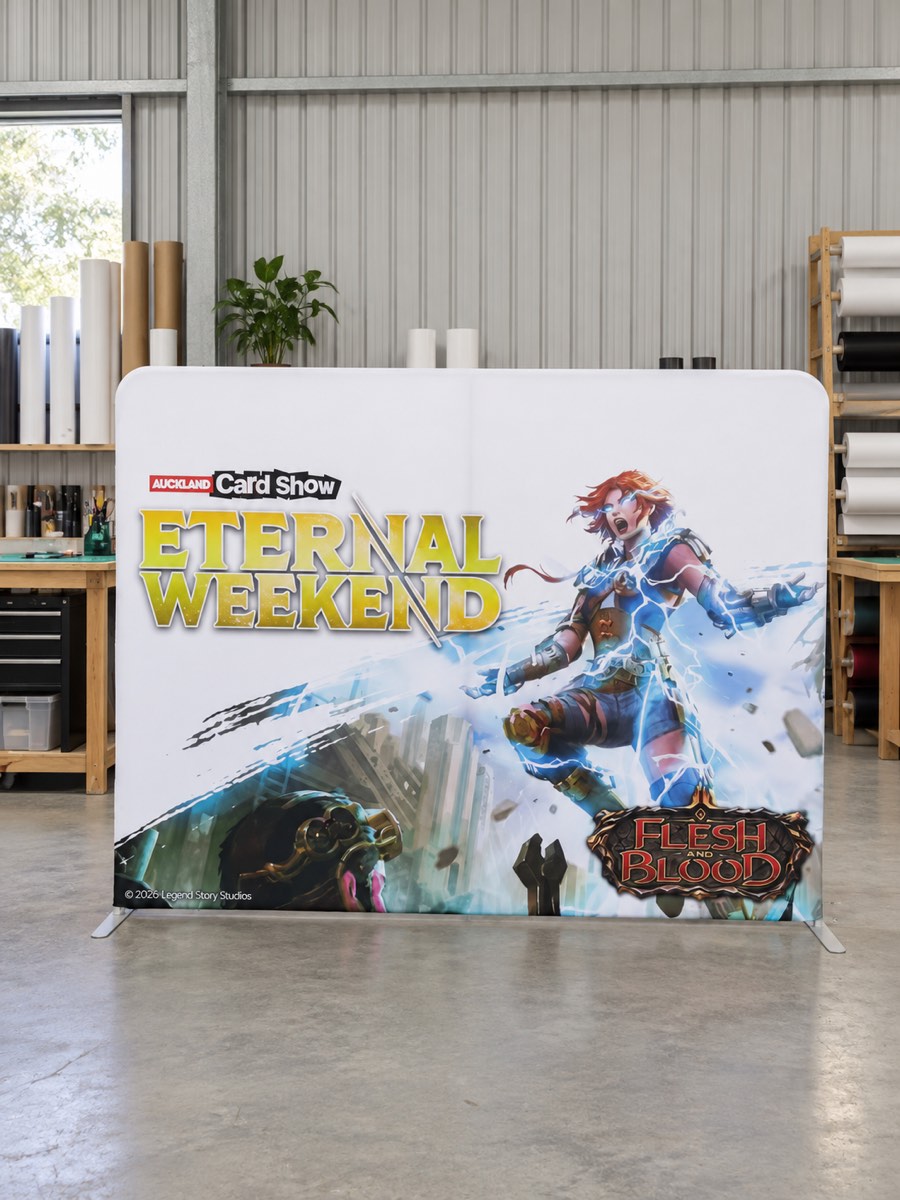 A Retail Sign tension fabric wall backdrop, 3m straight display, featuring a vibrant printed design for event or trade show backgrounds.