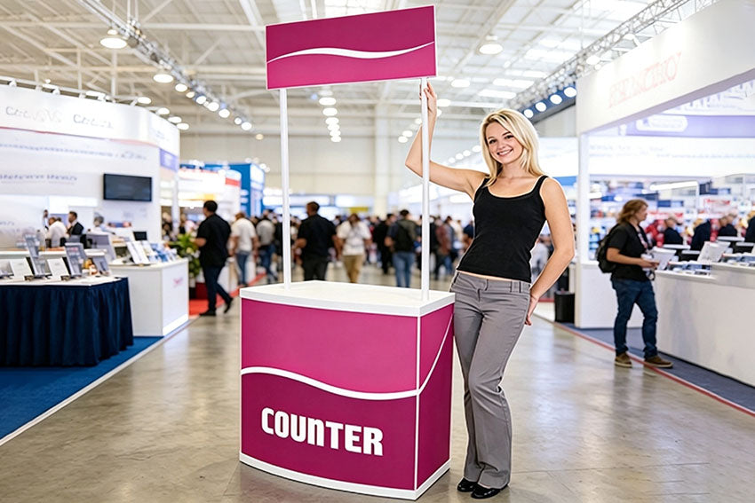 Portable promotion counter with header at an exhibition