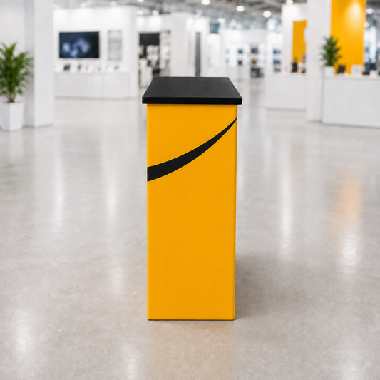Rectangular exhibition counter with printed wrap, side view