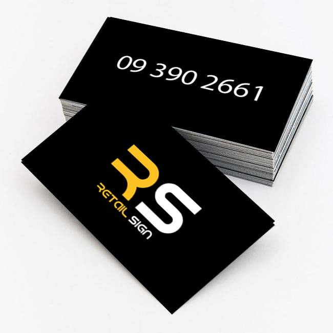 Business card printing by Retail Sign showing a sleek, professionally designed business card on a white background.