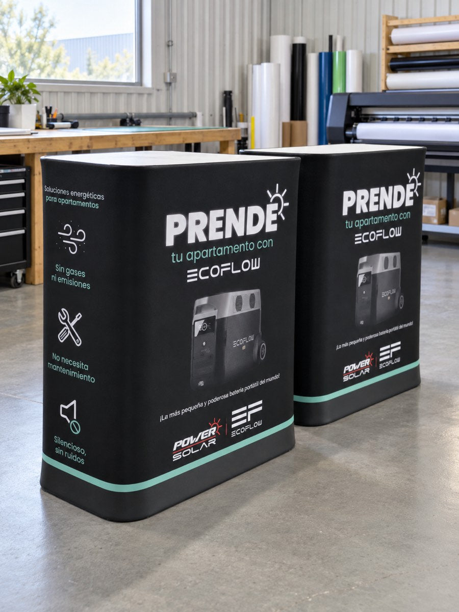 EcoFlow custom-printed square exhibition counters, front view in a digitally staged workshop