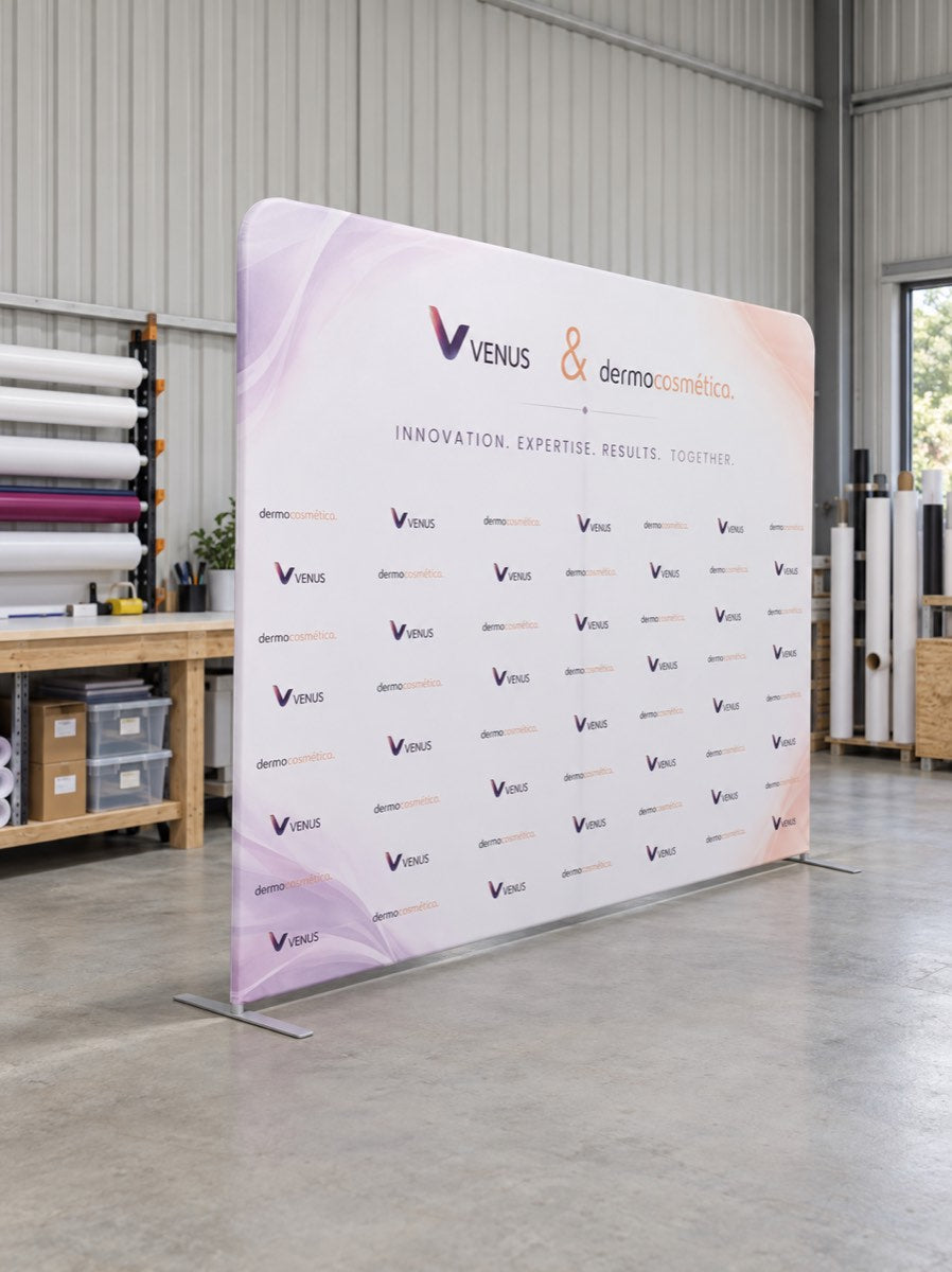 Tension fabric wall backdrop measuring 3 meters straight style by Retail Sign, featuring a smooth fabric surface with Venus Dermocosmetica branding.