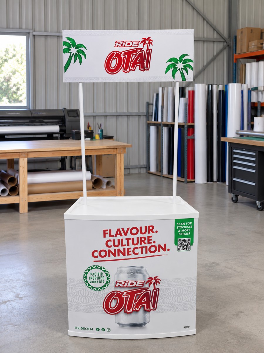 Ride Otai branded promotion counter with raised header