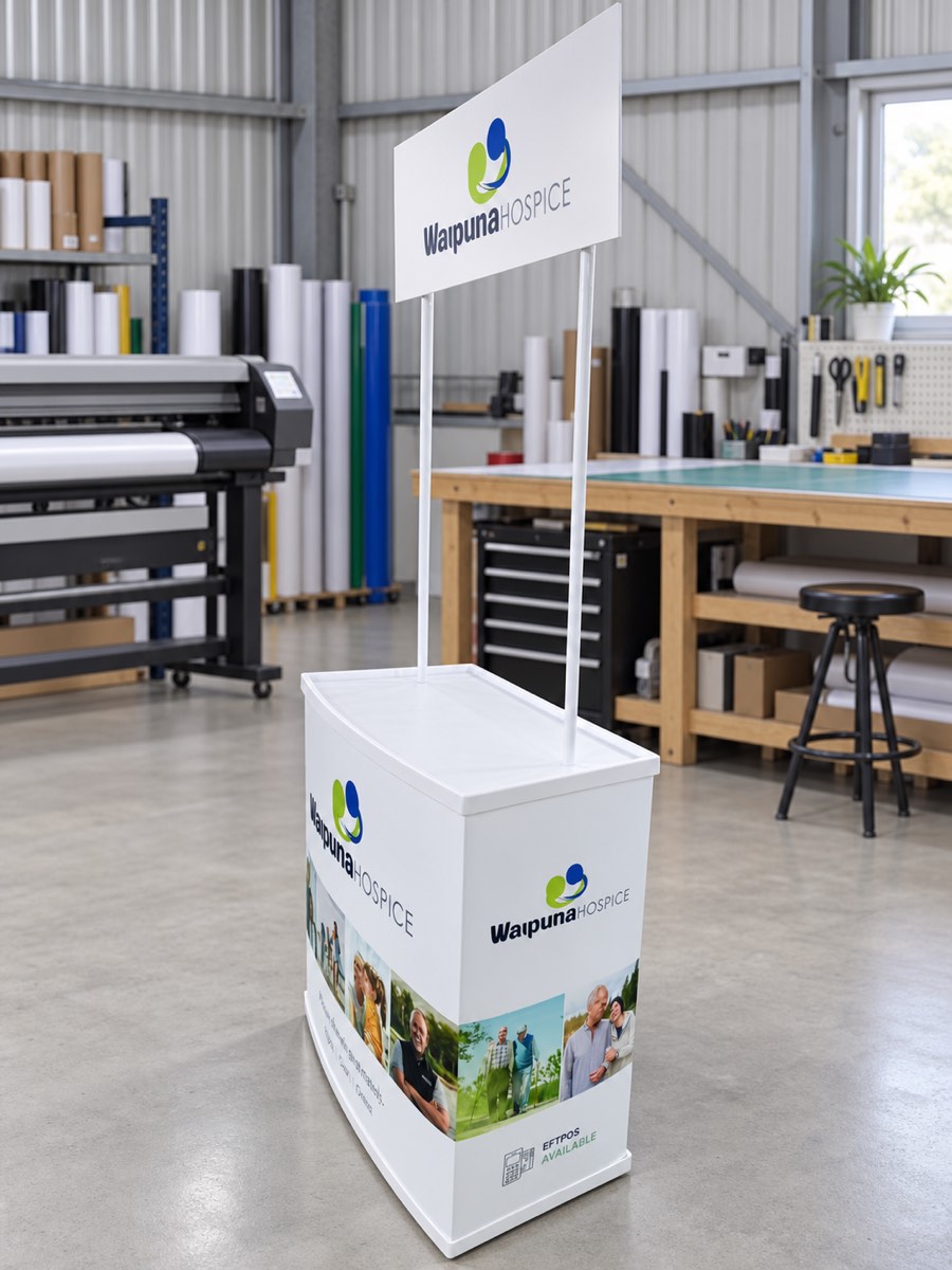 Waipuna Hospice branded promotion counter with raised header