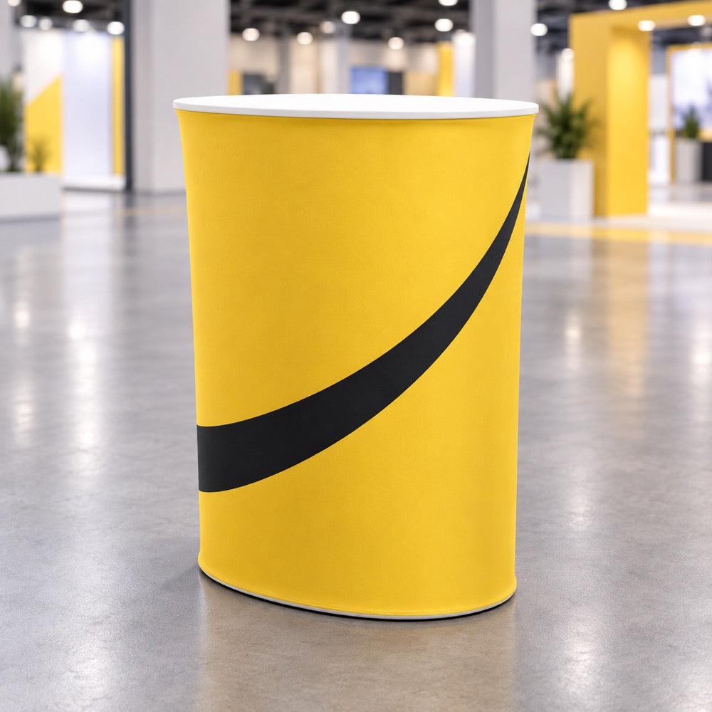 Yellow portable oval fabric exhibition counter by Retail Sign, compact folding display for trade shows and events.
