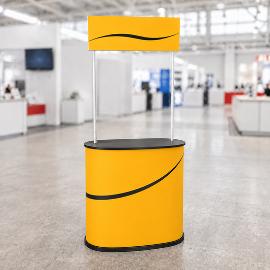 Portable promotion counter with overhead header, front view