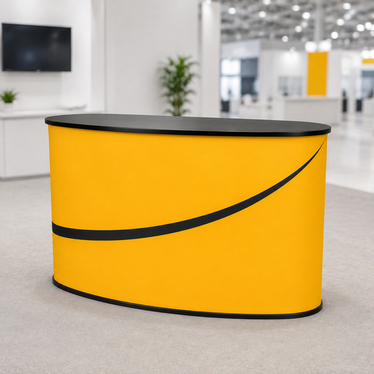 Magnetic pop-up exhibition counter with printed PVC wrap, front view