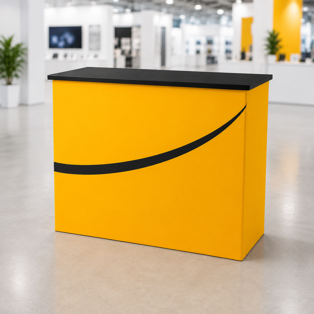 Rectangular exhibition counter with full-colour printed wrap, front view