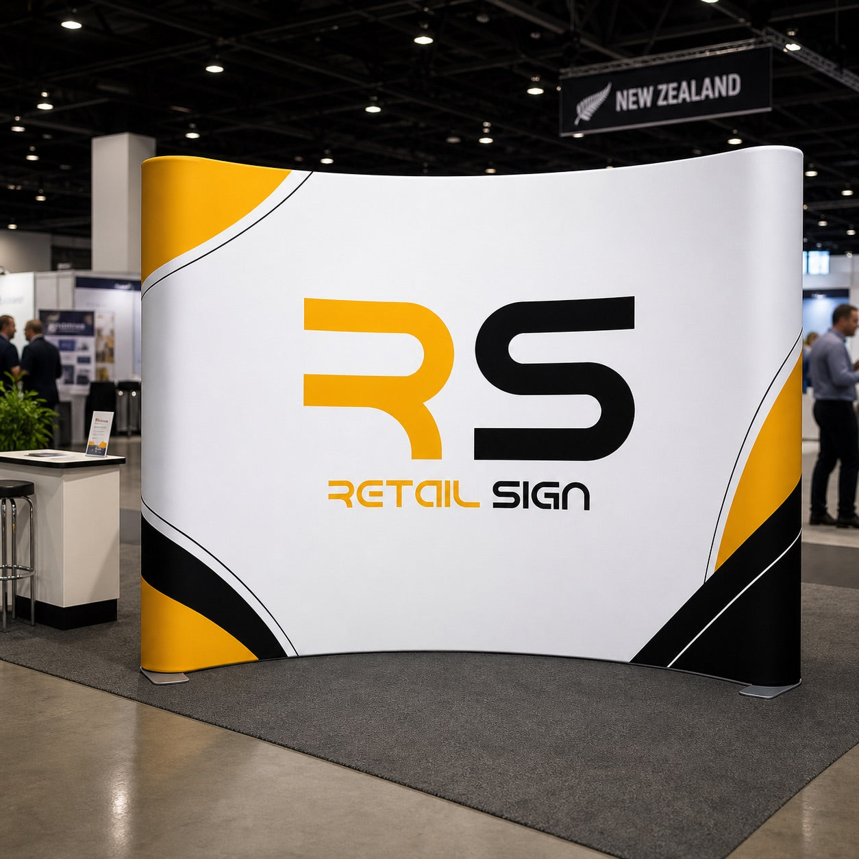 Curved tension fabric wall at an exhibition