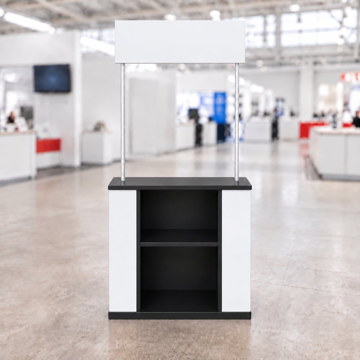 Straight-sided portable promotion counter with overhead header and rear storage shelves