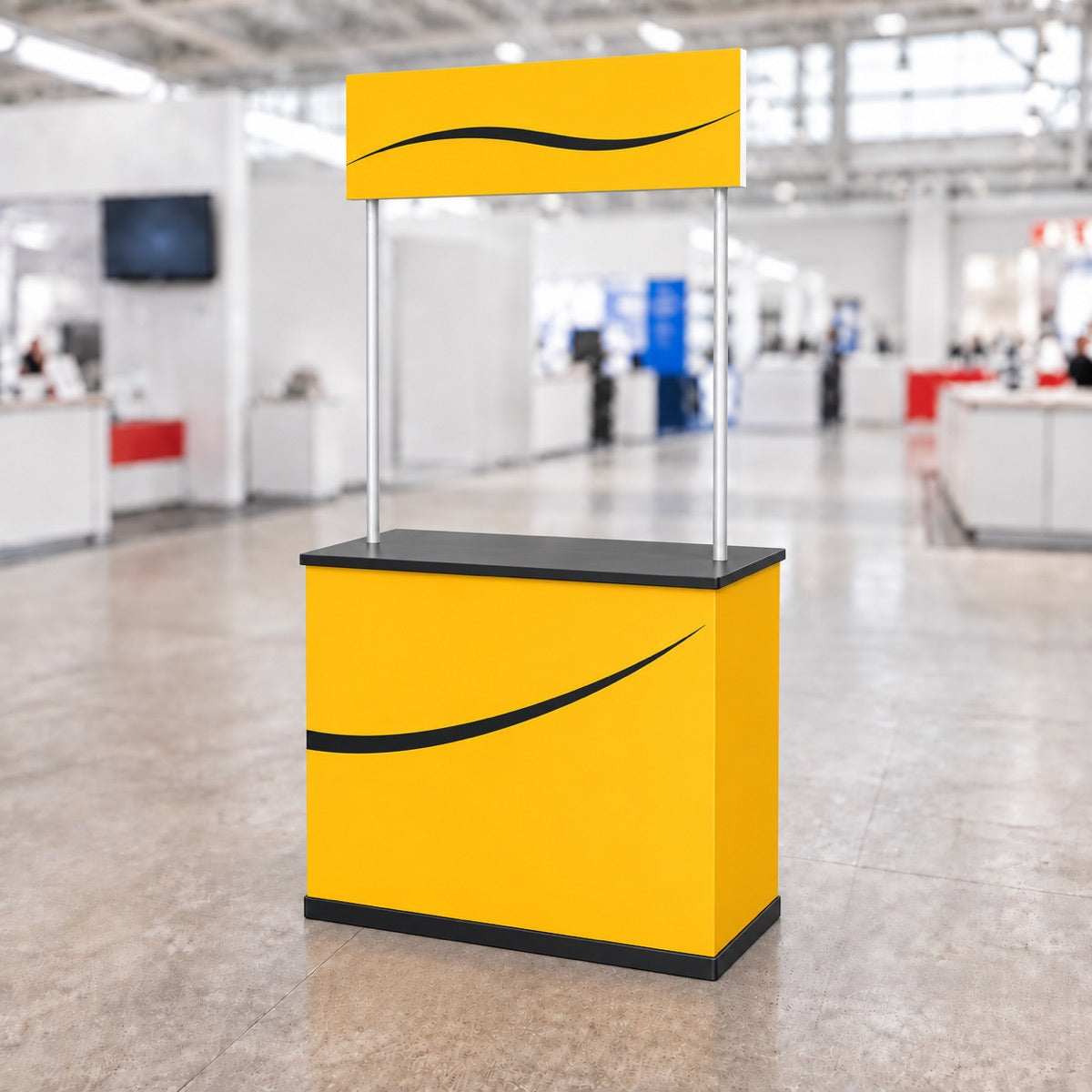 Yellow portable promotion counter with header and straight sides, retail display stand for marketing events.