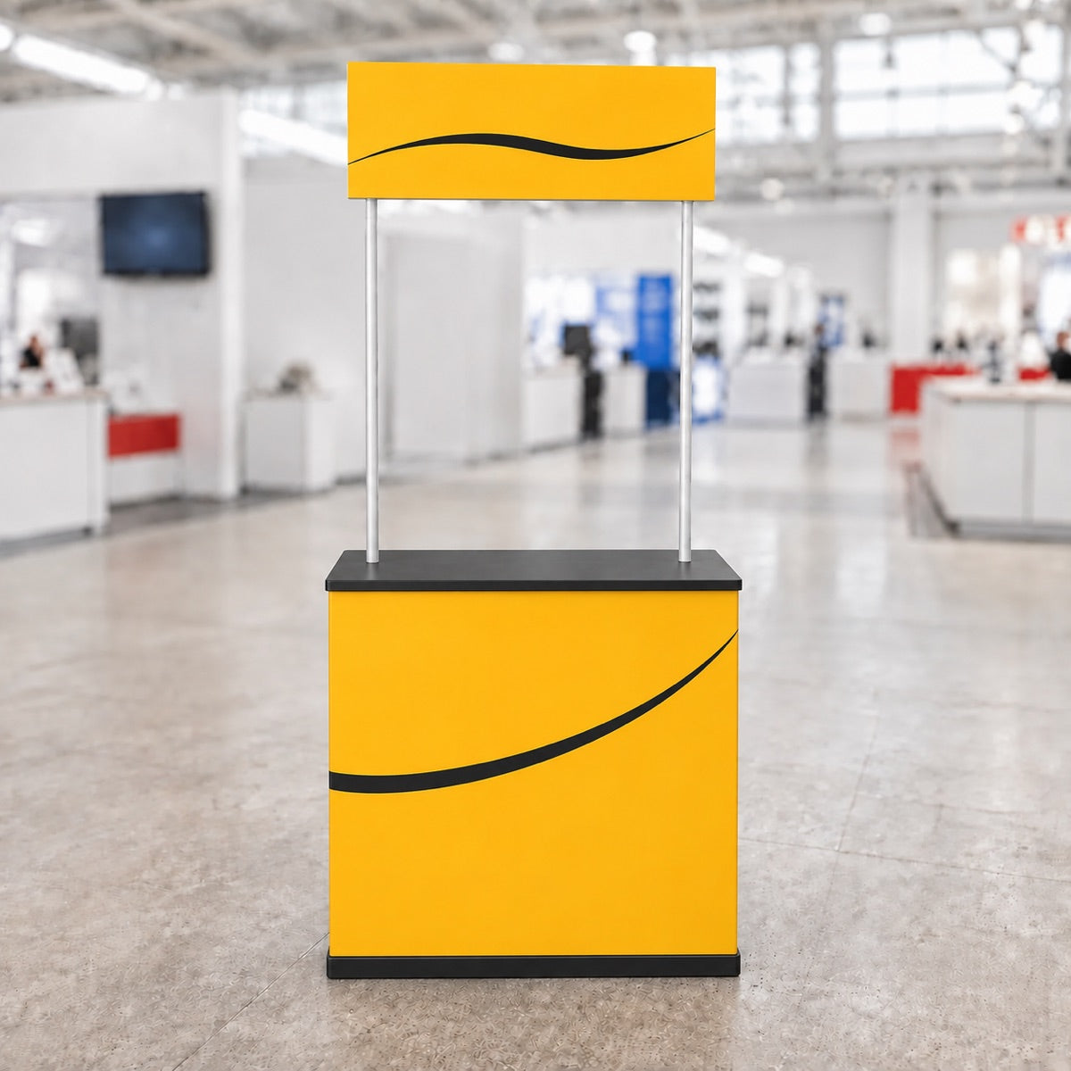 Straight-sided portable promotion counter with overhead header, yellow front view