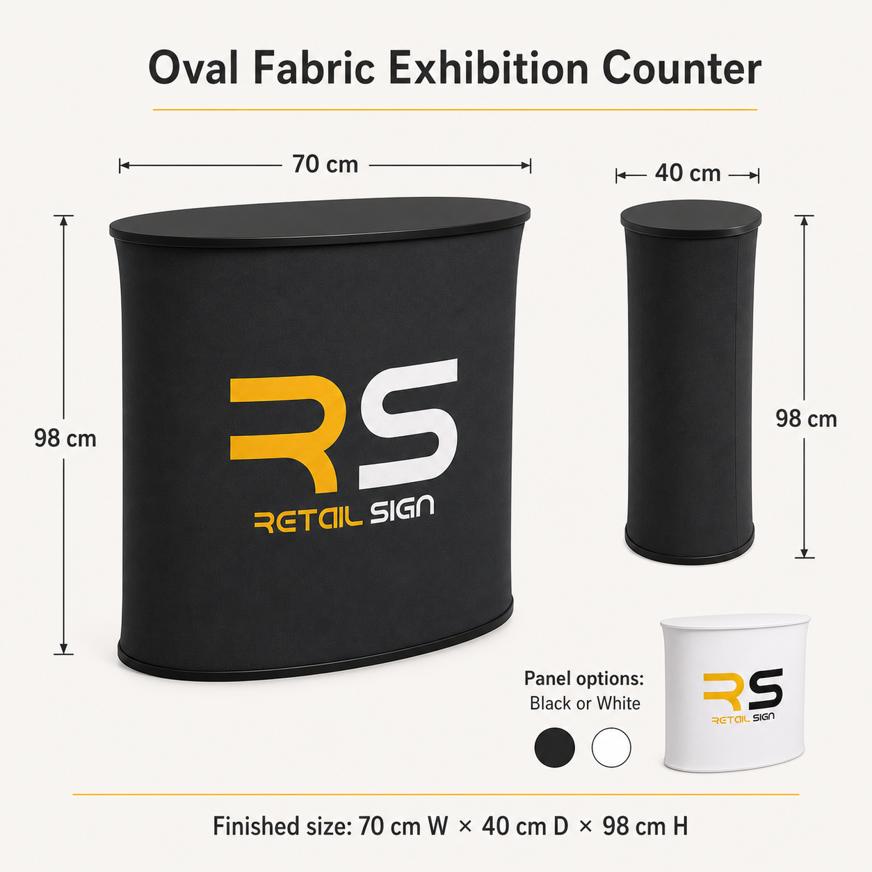 Oval fabric exhibition counter dimensions: 70 cm wide, 40 cm deep and 98 cm high
