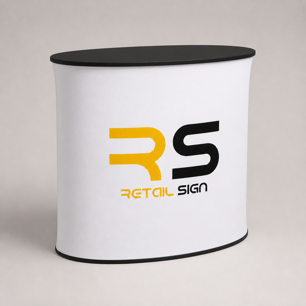 Oval fabric exhibition counter with black panels and Retail Sign printed wrap