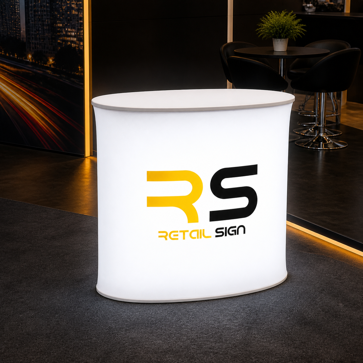 LED illuminated oval fabric exhibition counter with Retail Sign branding