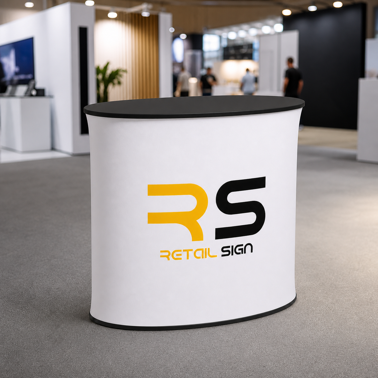 Oval fabric exhibition counter displayed at a New Zealand trade show