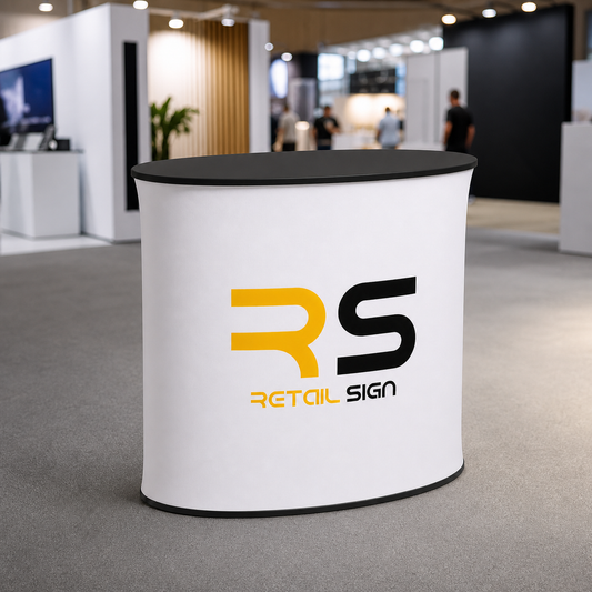 Oval fabric exhibition counter displayed at a New Zealand trade show
