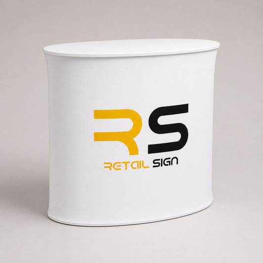 Oval fabric exhibition counter with white panels and Retail Sign printed wrap