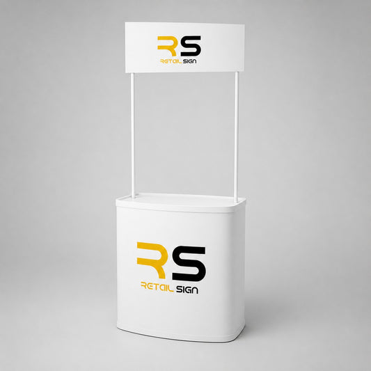 Retail Sign portable promotion counter with overhead header