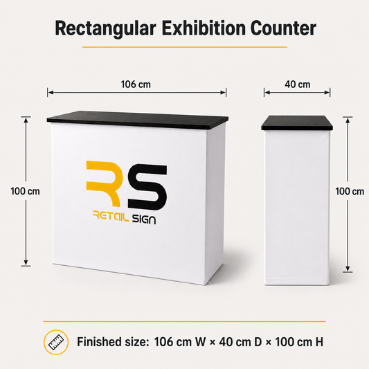 Rectangular exhibition counter dimensions: 106 cm wide, 40 cm deep and 100 cm high