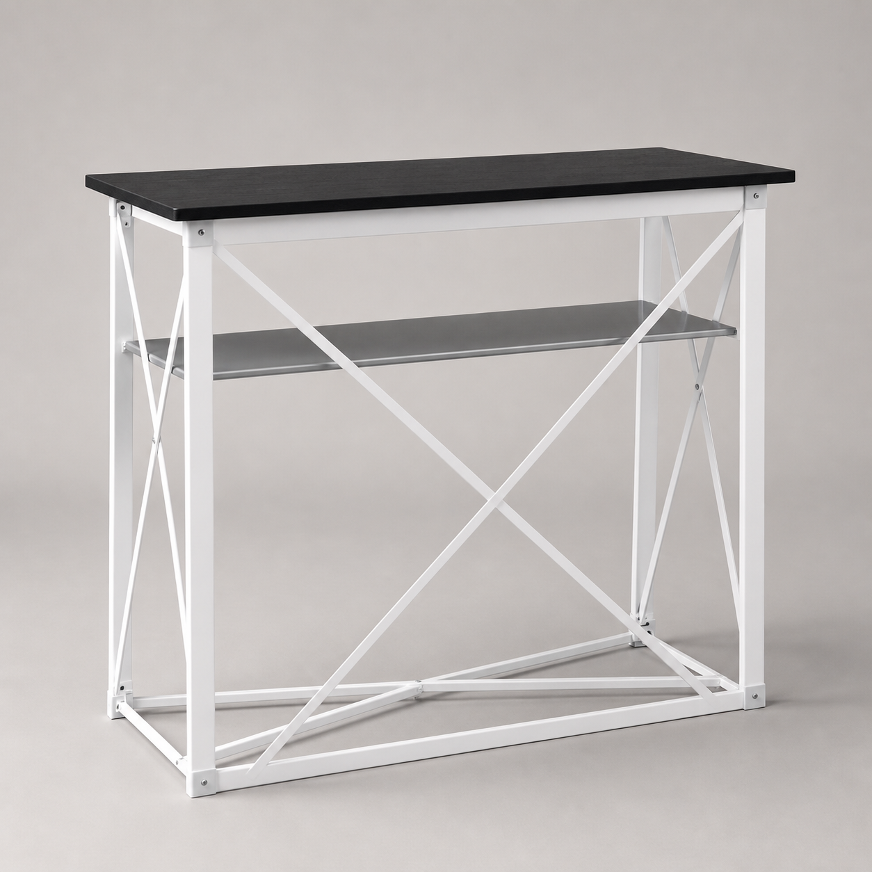 Folding white metal frame and internal shelf of a rectangular exhibition counter