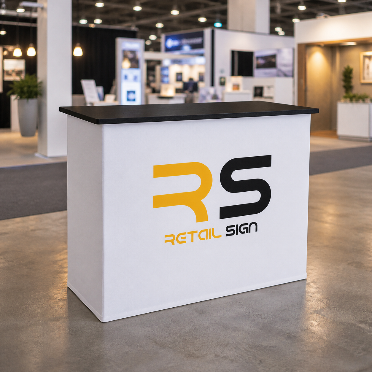 Rectangular portable exhibition counter with printed wrap at a trade show in New Zealand