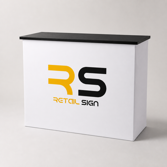 Rectangular portable exhibition counter with Retail Sign printed wrap
